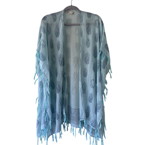 Janice Kimono Beach Cover Up Lace Fringe Blue White One Size Coastal Grandma - Picture 3 of 6